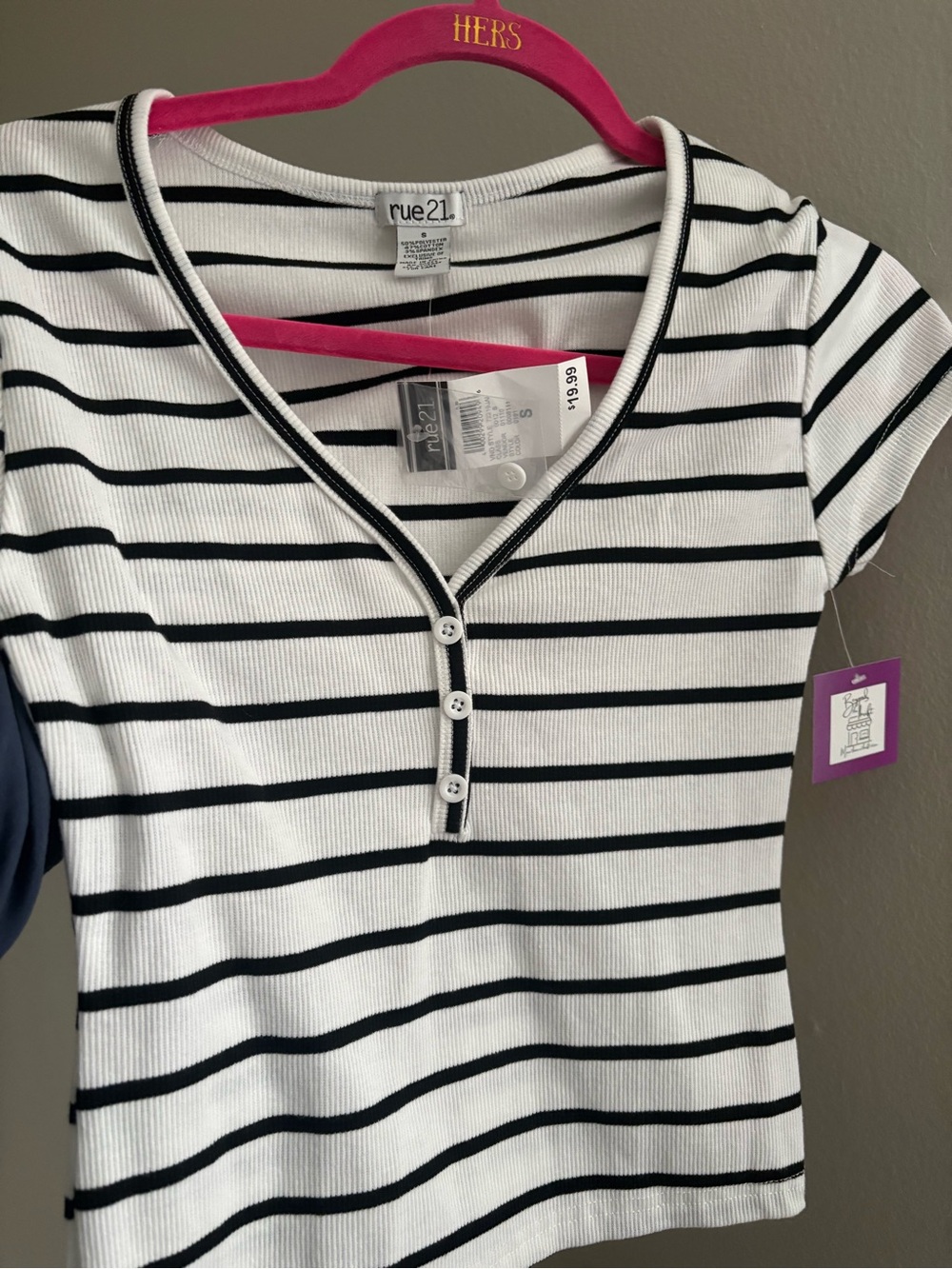 Rue21 White and Black Striped Ribbed Henley Tee